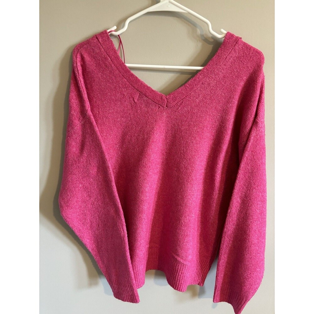 Magaschoni Sweater Overside Woman's Pink  V-Neck Waffle Knit Dolman Sleeves S